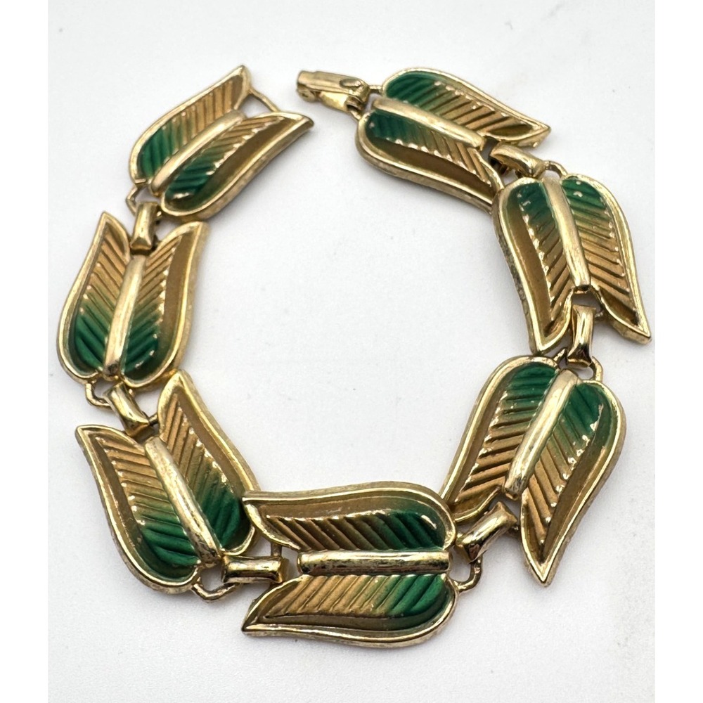 Vintage Enamel Bracelet Green Gold Tulip Leaf Panel Link MCM